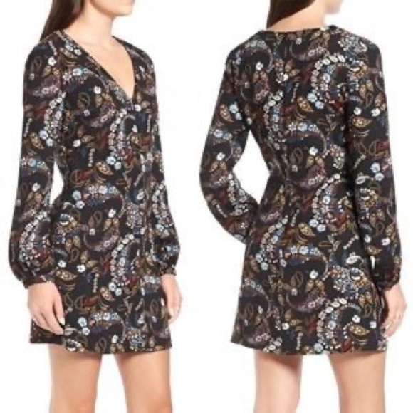 Wayf Black Long Sleeve Floral Print Mini Dress XS - Picture 1 of 9